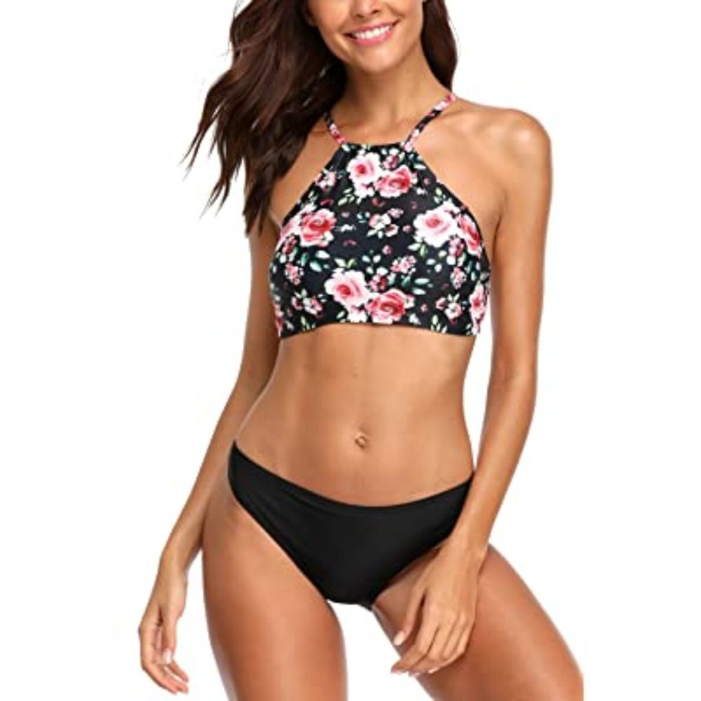 Beautyin Womens Floral Striped Halter Bikini Set